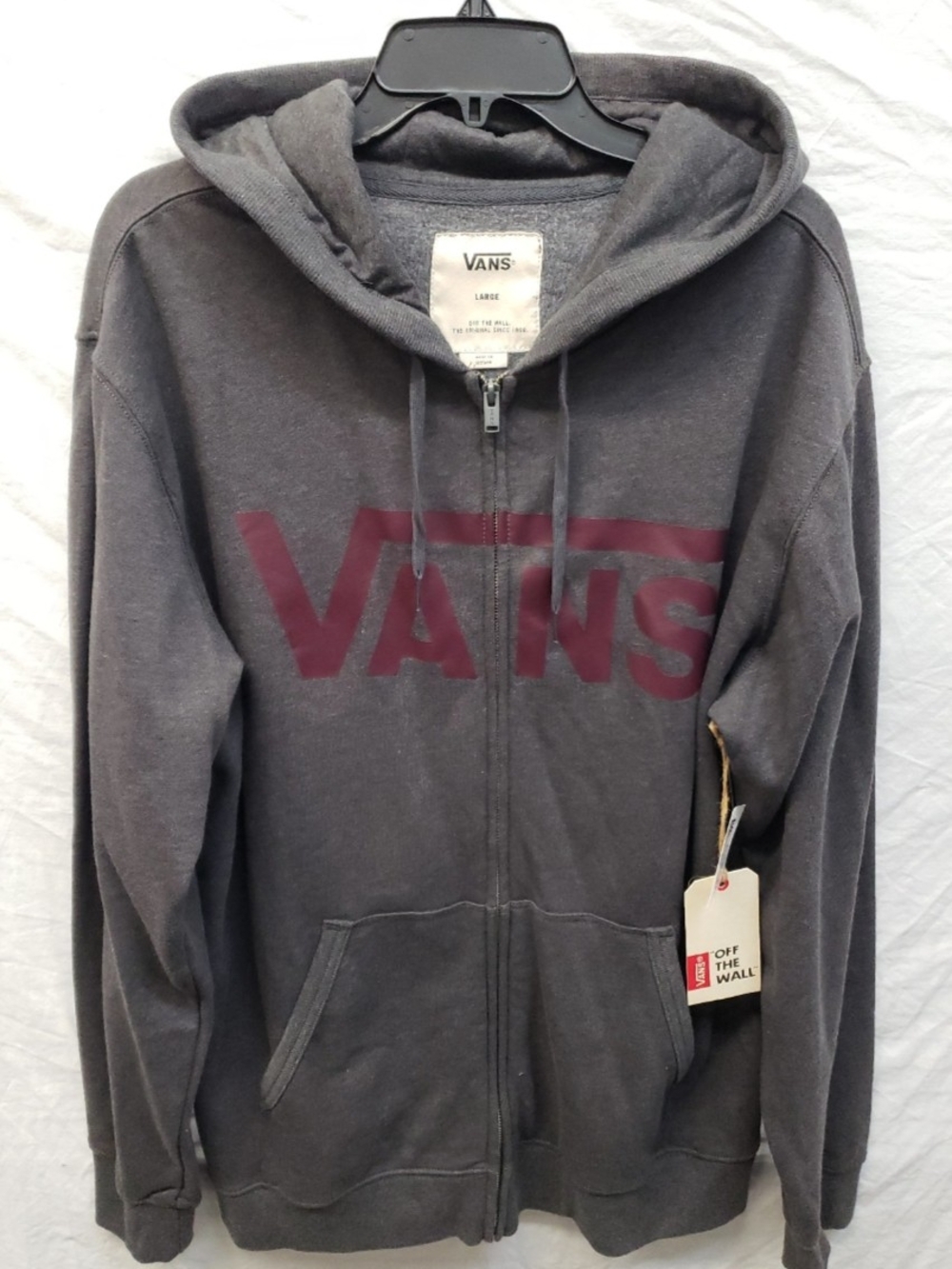 Vans Men's Charcoal Zip Hoodie with Maroon Logo Print Size L NWT